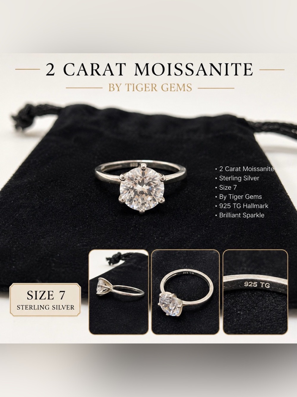 Tiger Gems 2 Carat Moissanite Solitaire Ring 925 Sterling Silver Size 7
